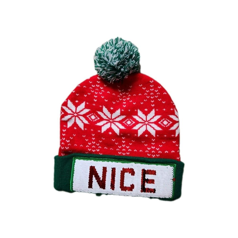 Christmas Beanie Hat NICE Sequin Patch Pom Red Green Snowflake Holiday Winter OS